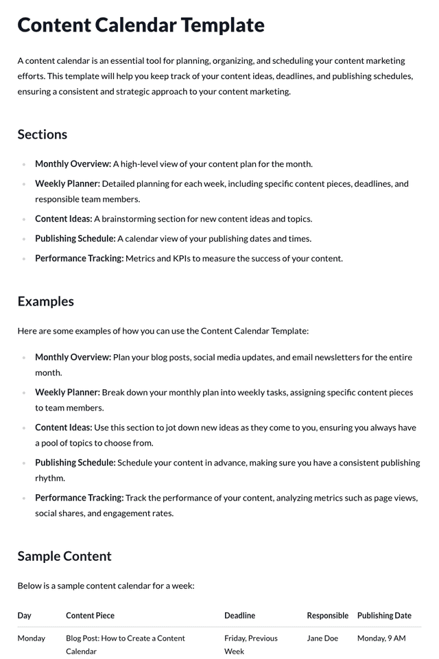 Content Calendar Template