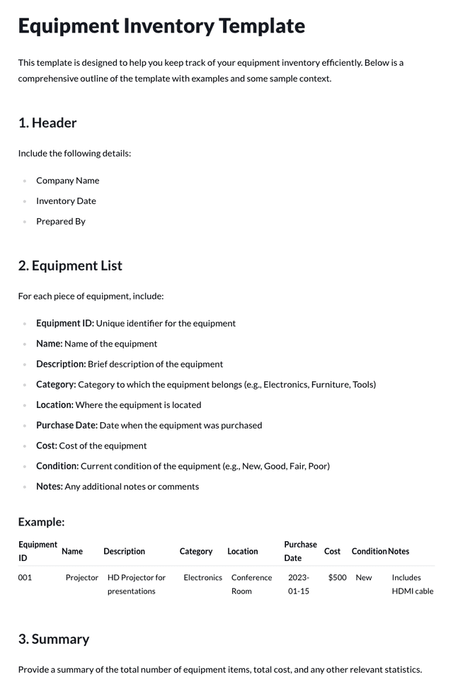 Equipment Inventory Template