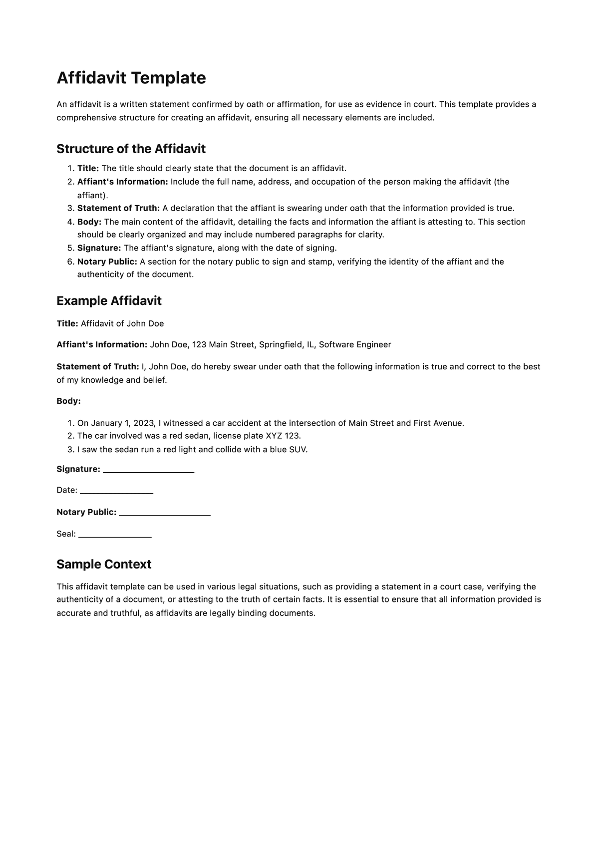 Affidavit Template