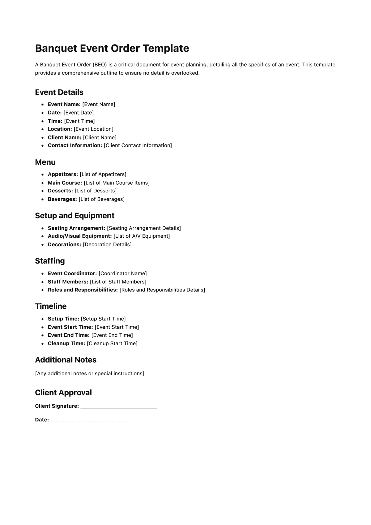 Banquet Event Order Template