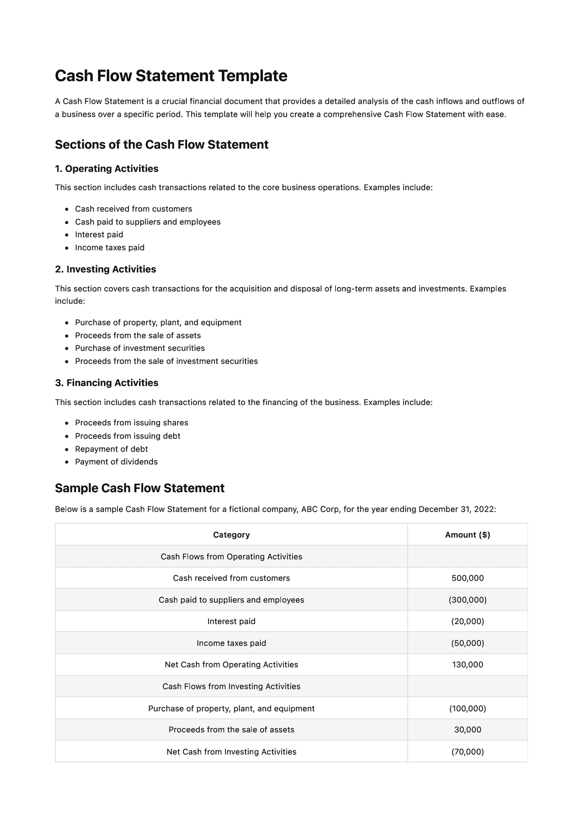 Cash Flow Statement Template