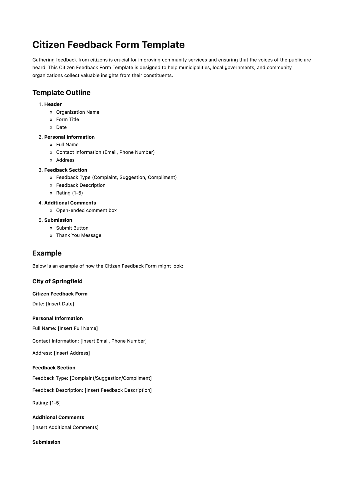 Citizen Feedback Form Template