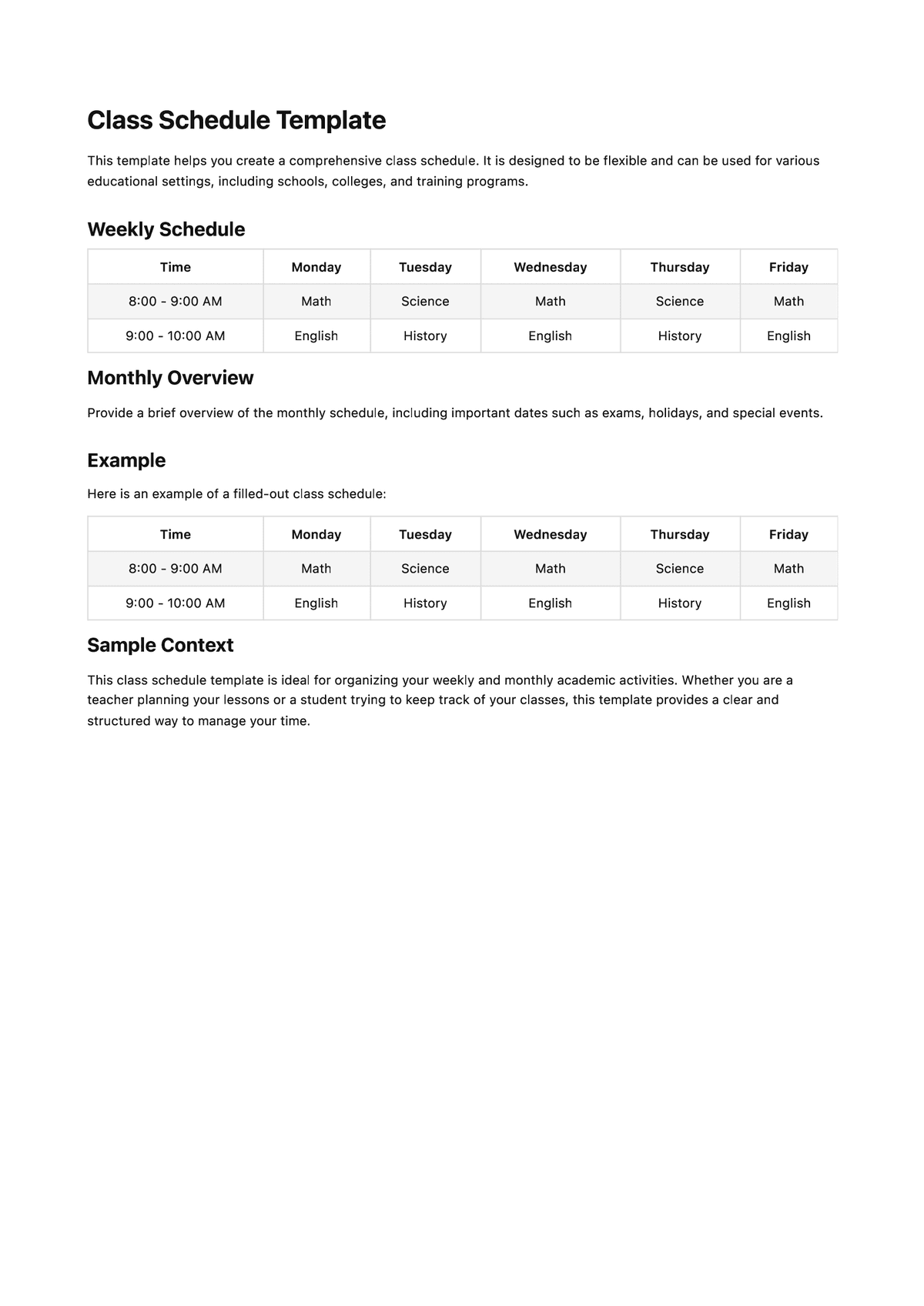 Class Schedule