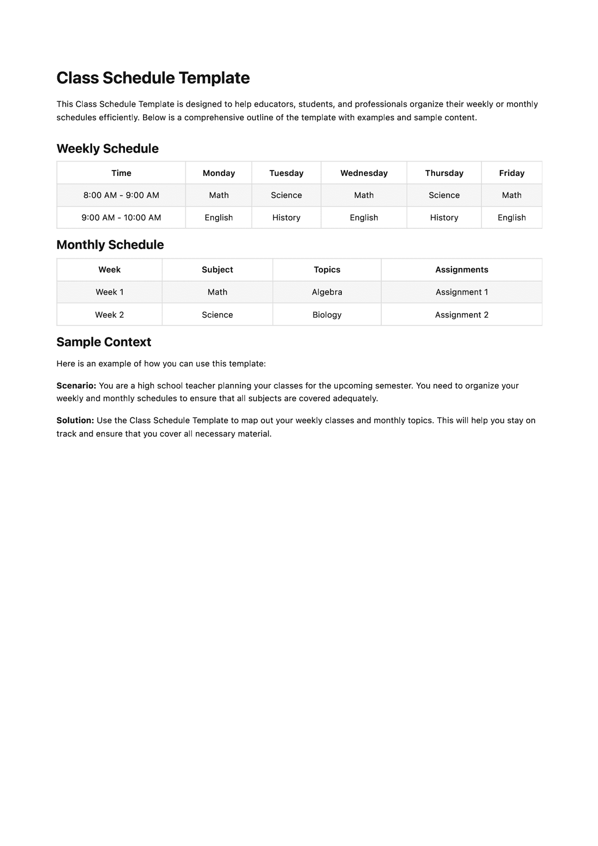 Class Schedule Template