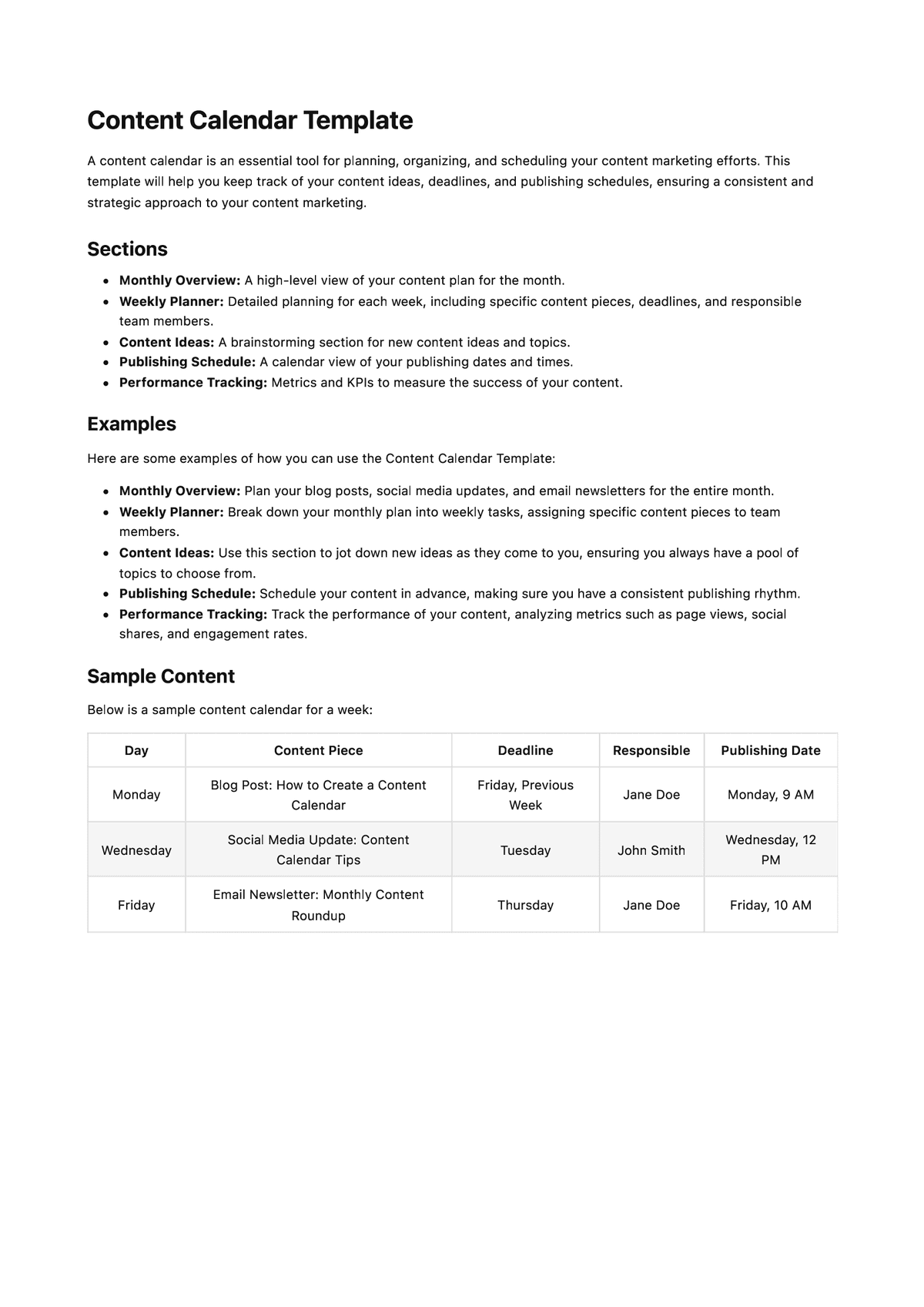 Content Calendar Template