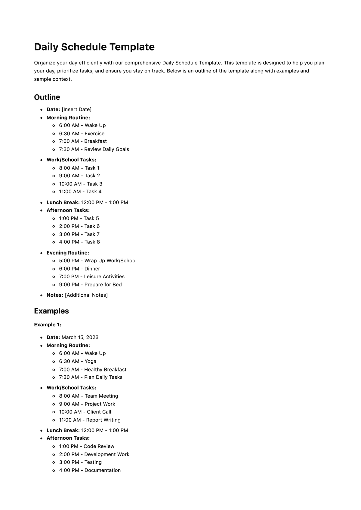 Daily Schedule Template