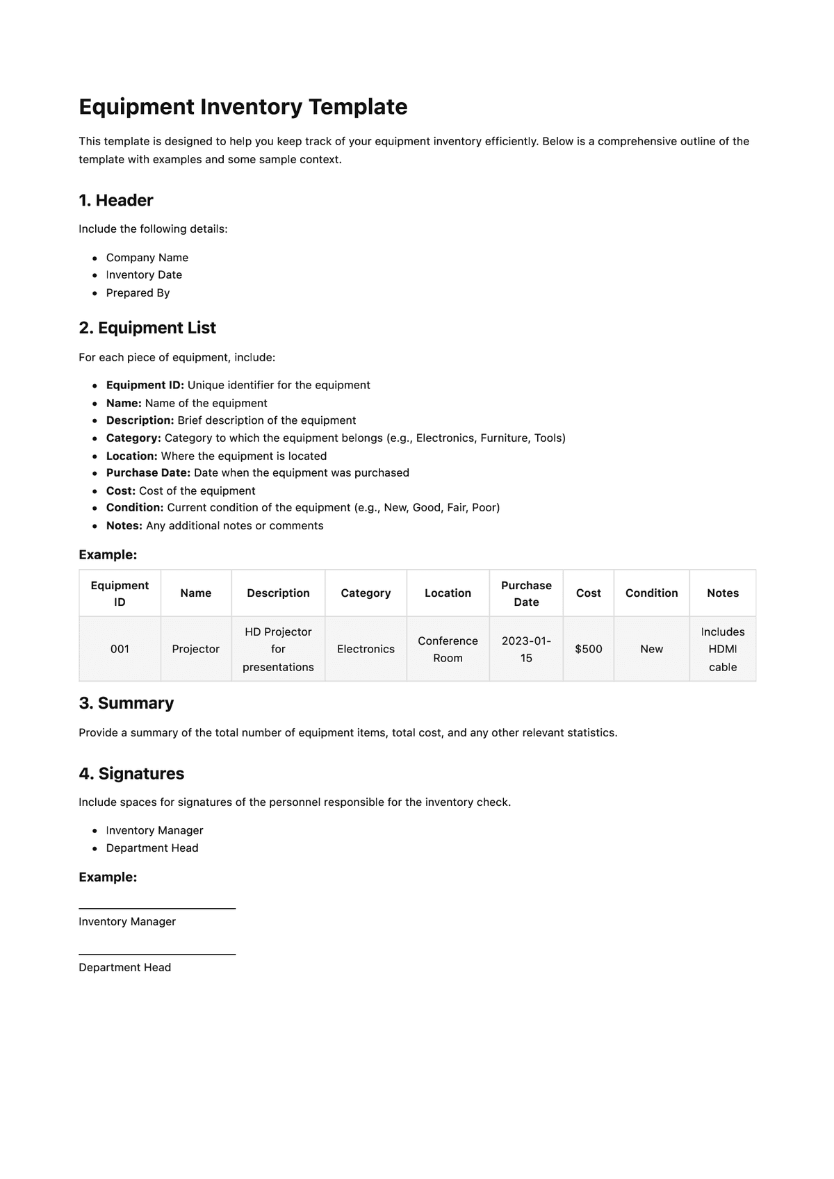 Equipment Inventory Template