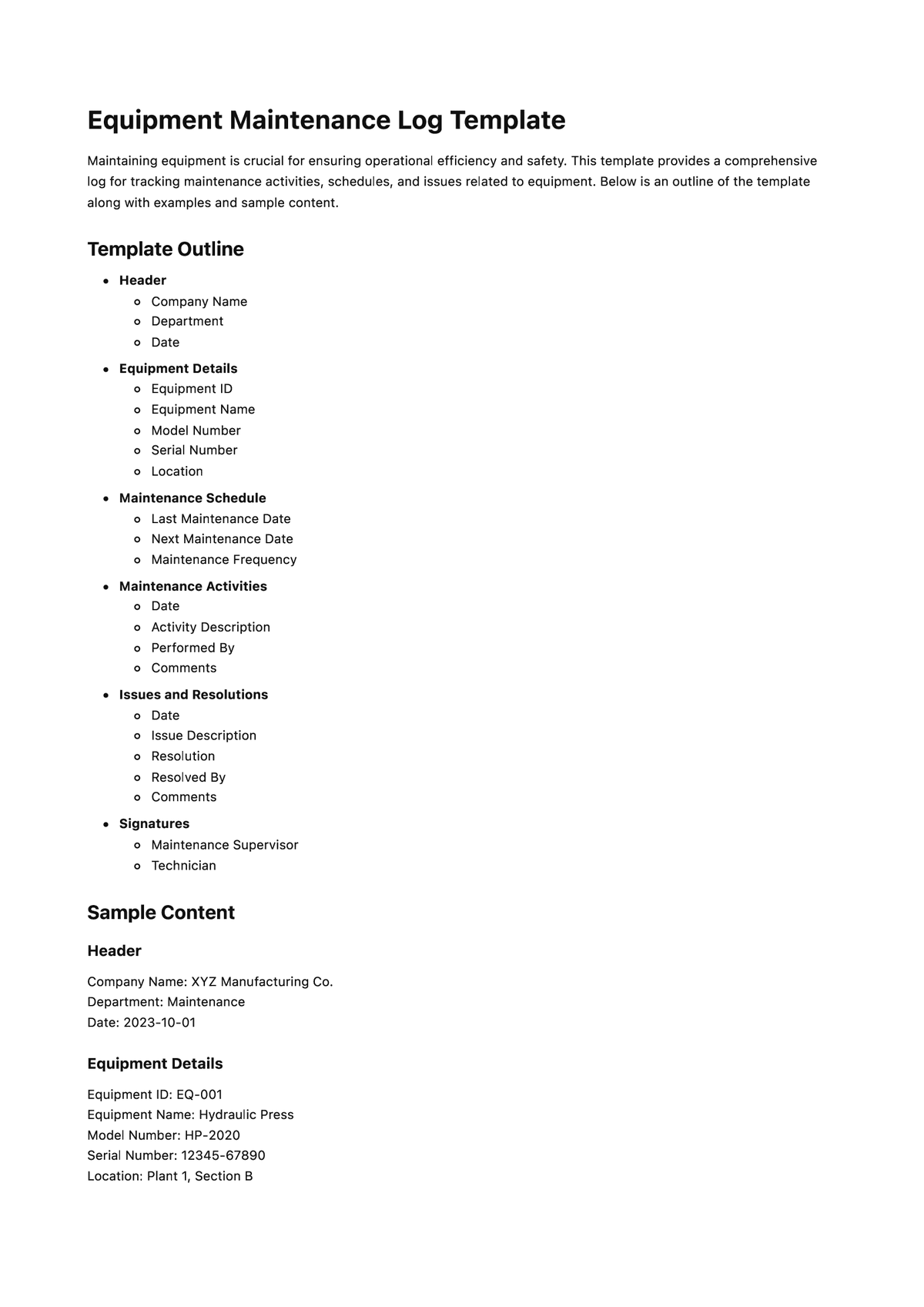 Equipment Maintenance Log Template