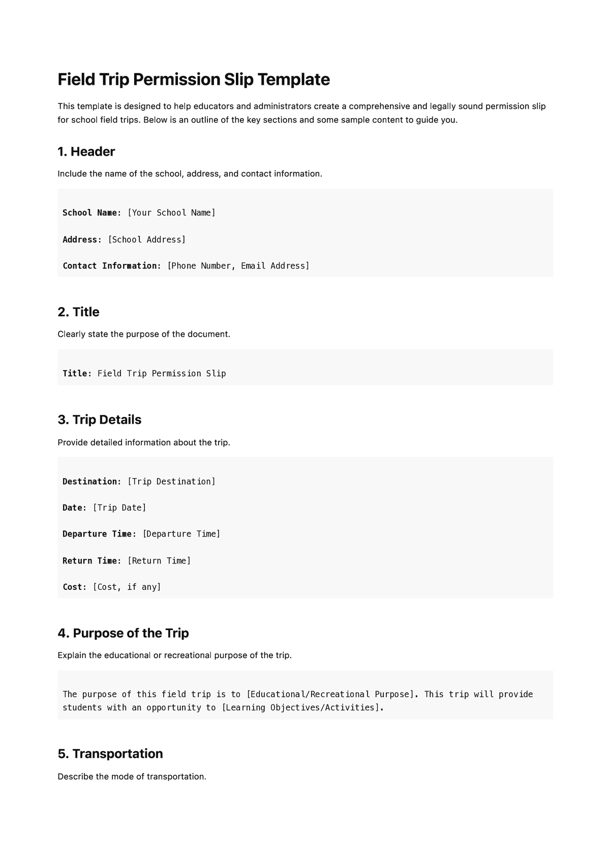 Field Trip Permission Slip Template