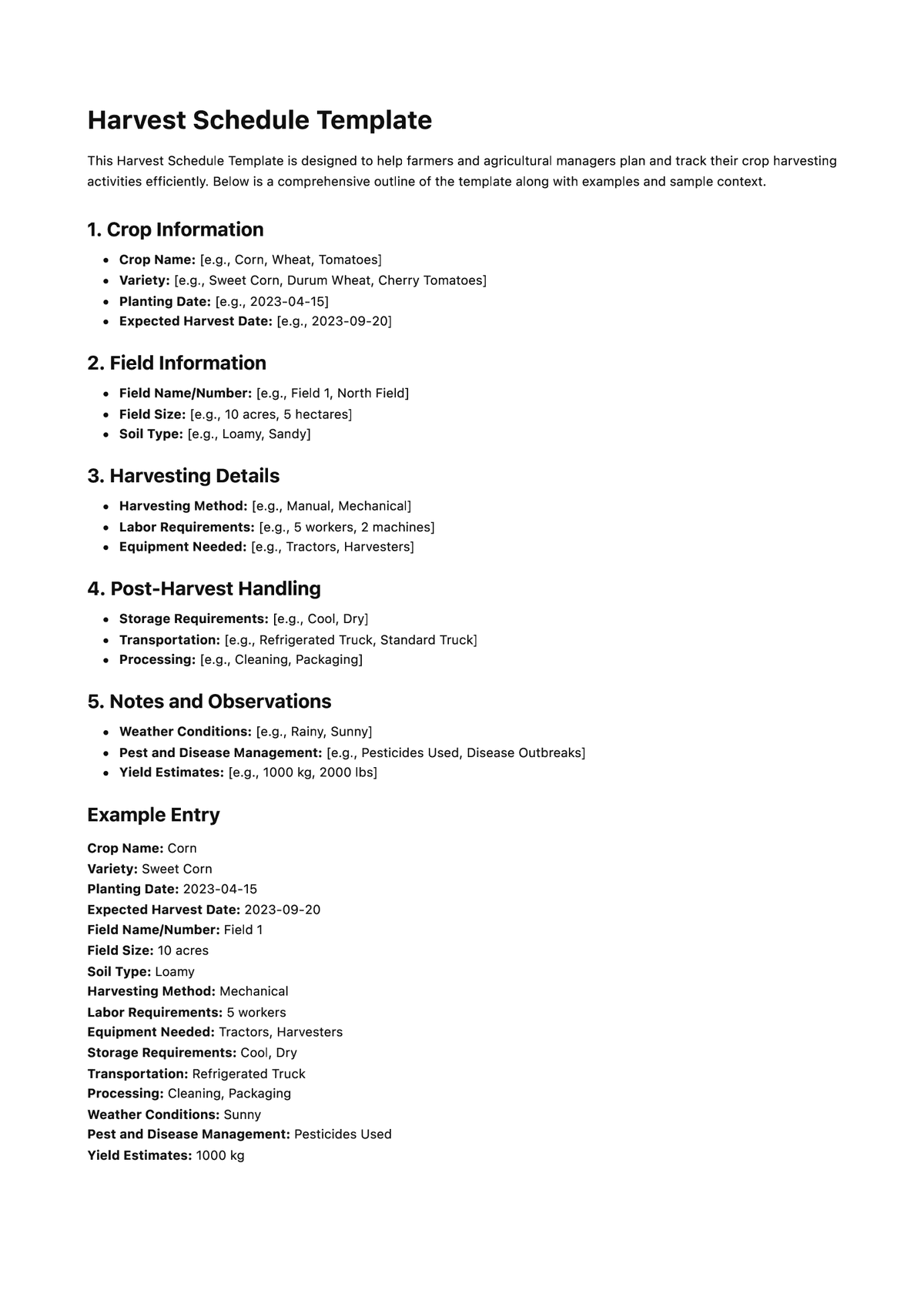 Harvest Schedule Template