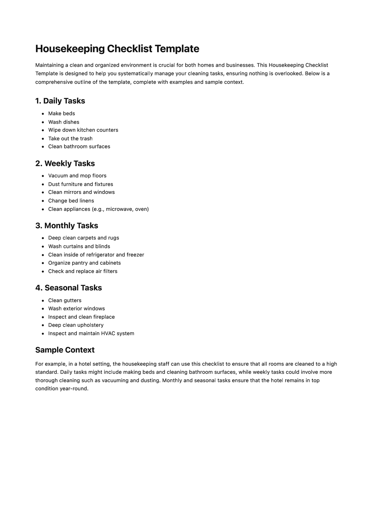 Housekeeping Checklist Template