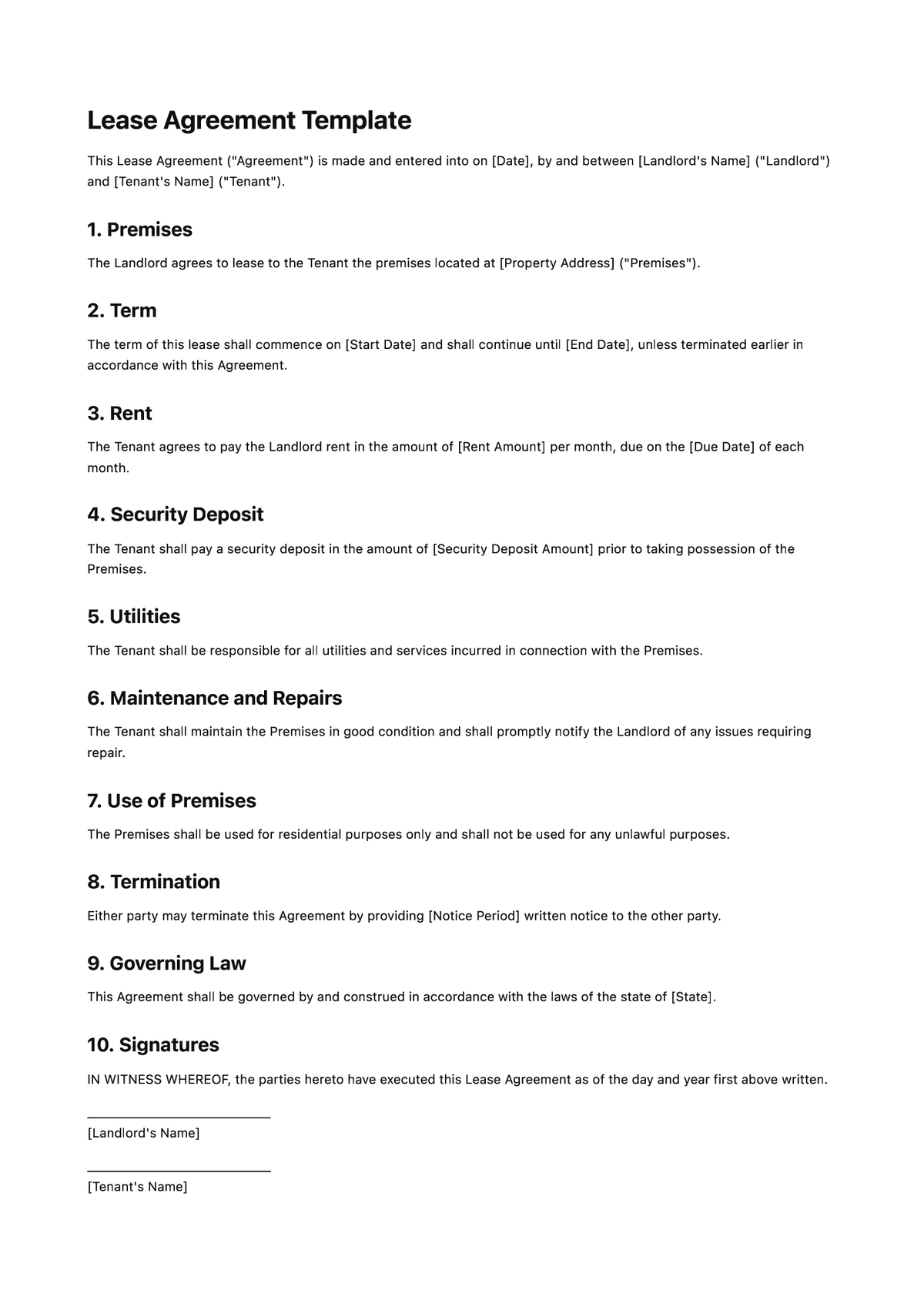 Lease Agreement Template