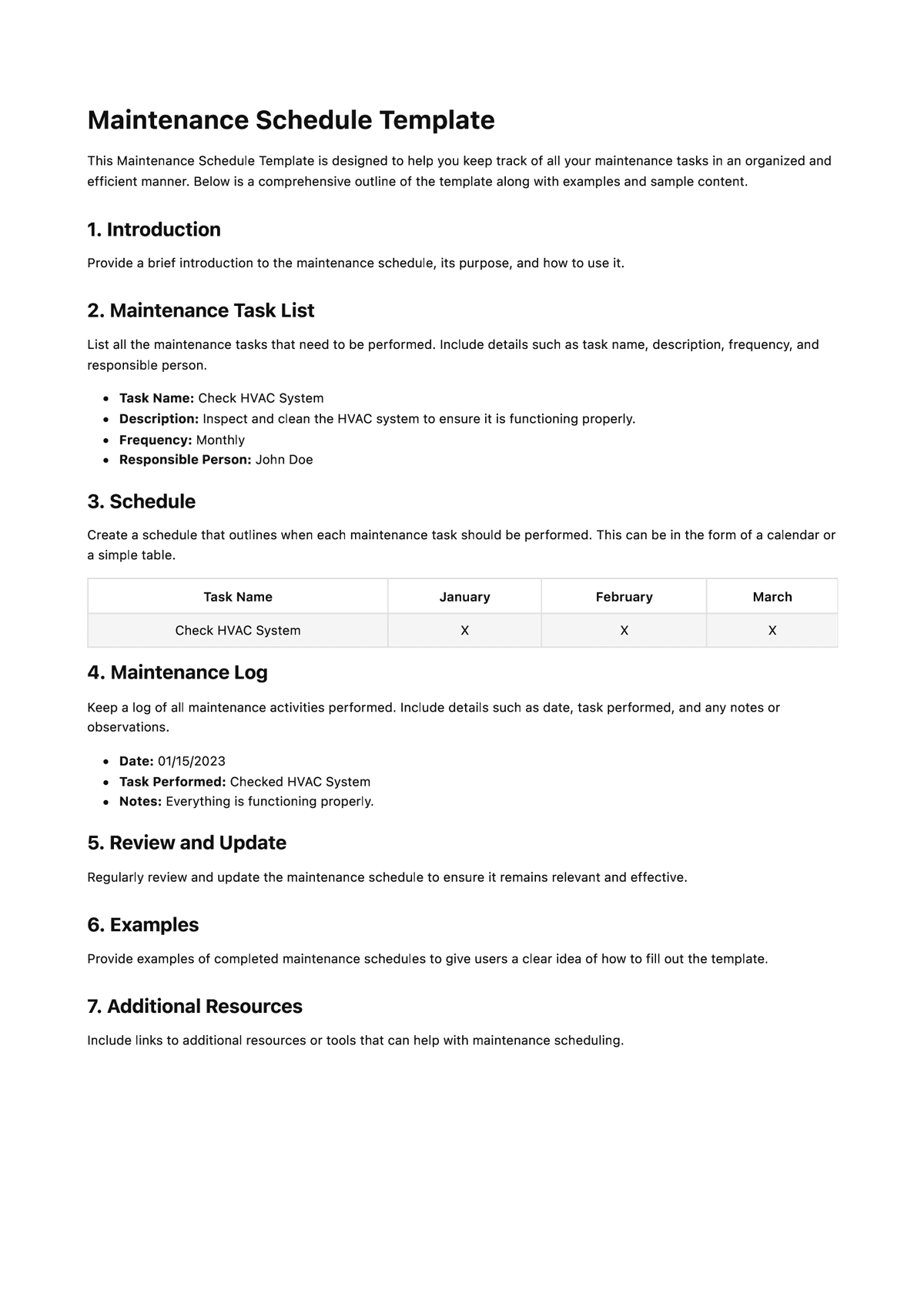 Maintenance Schedule Template