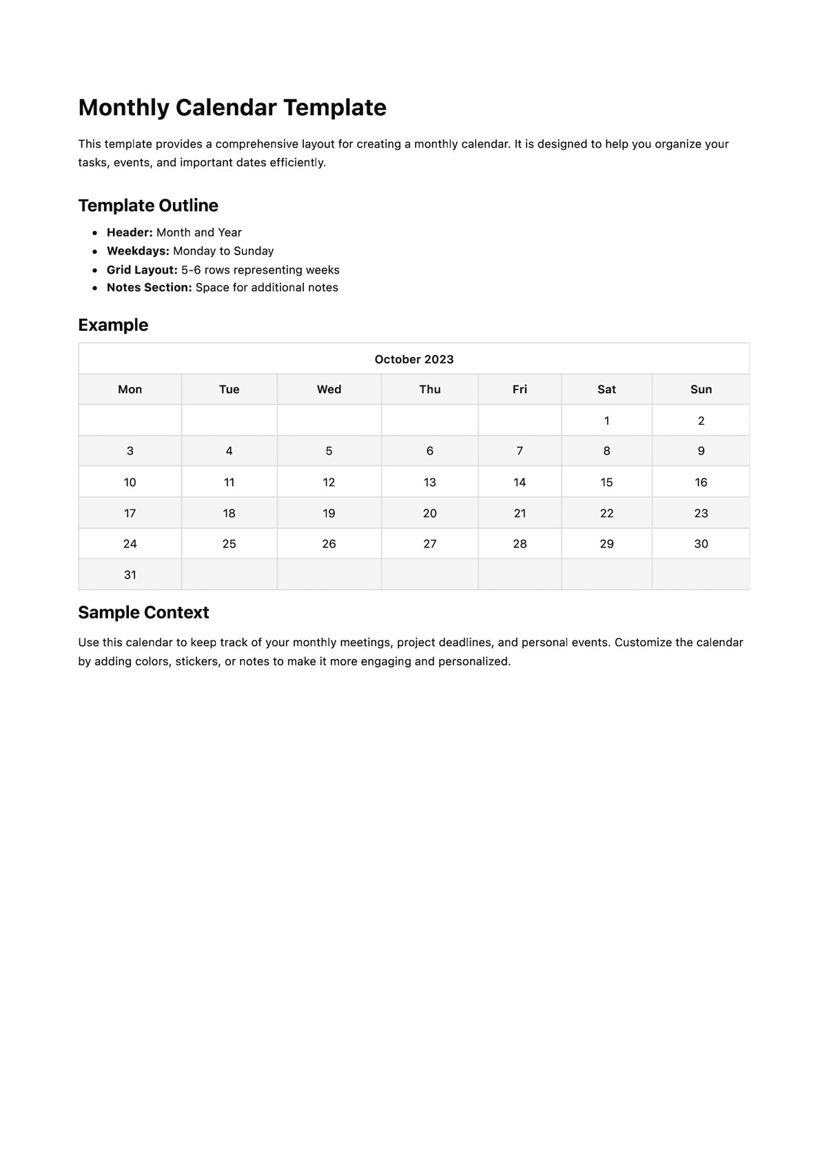 Monthly Calendar