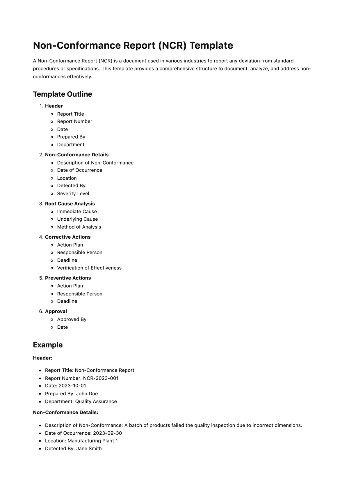 Non-Conformance Report (NCR) Template