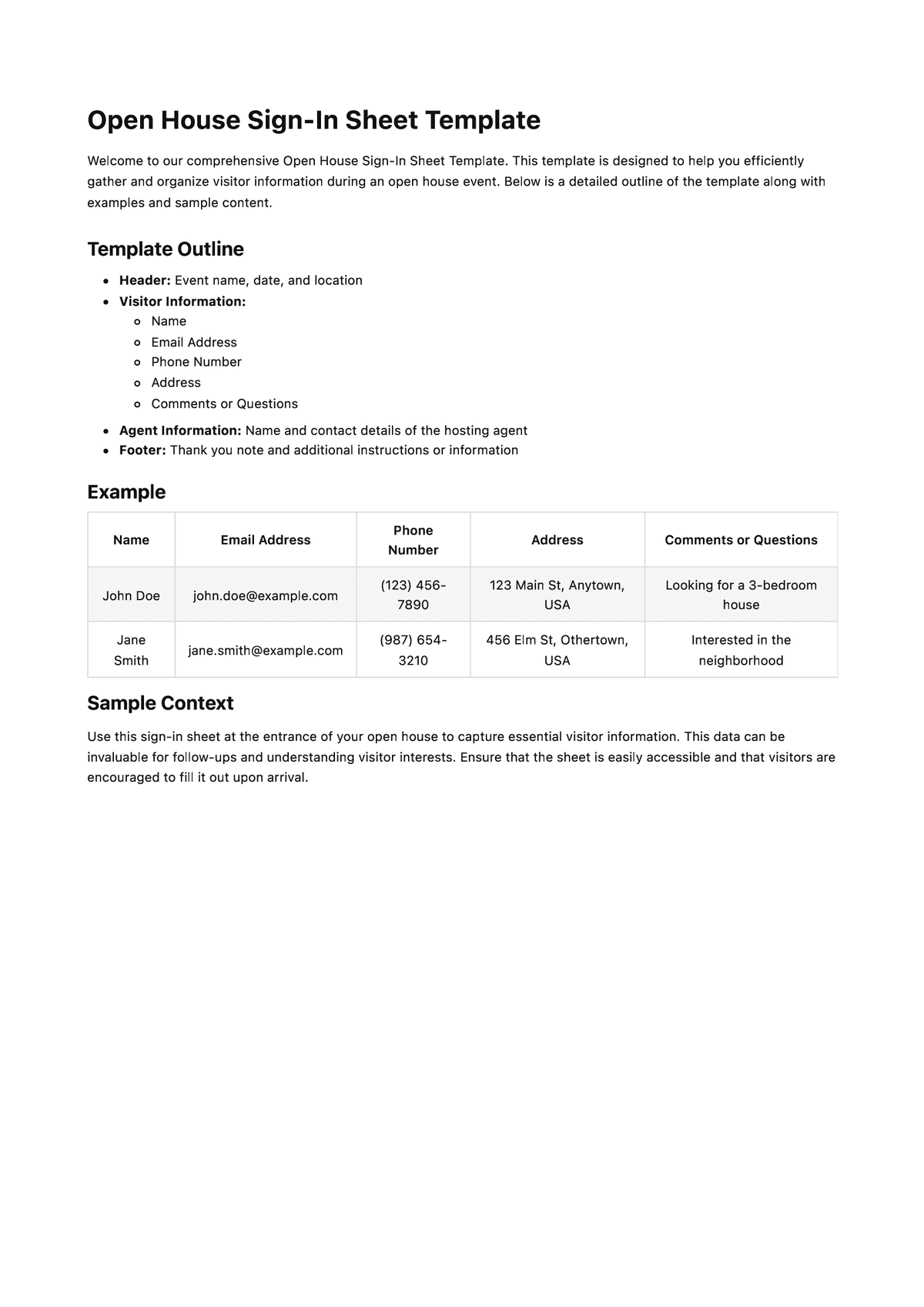 Open House Sign-In Sheet Template