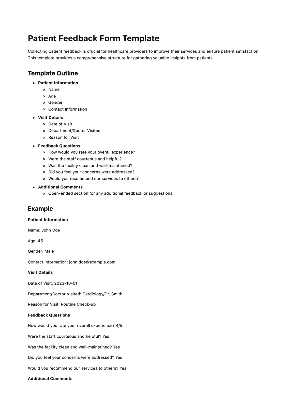 Patient Feedback Form Template