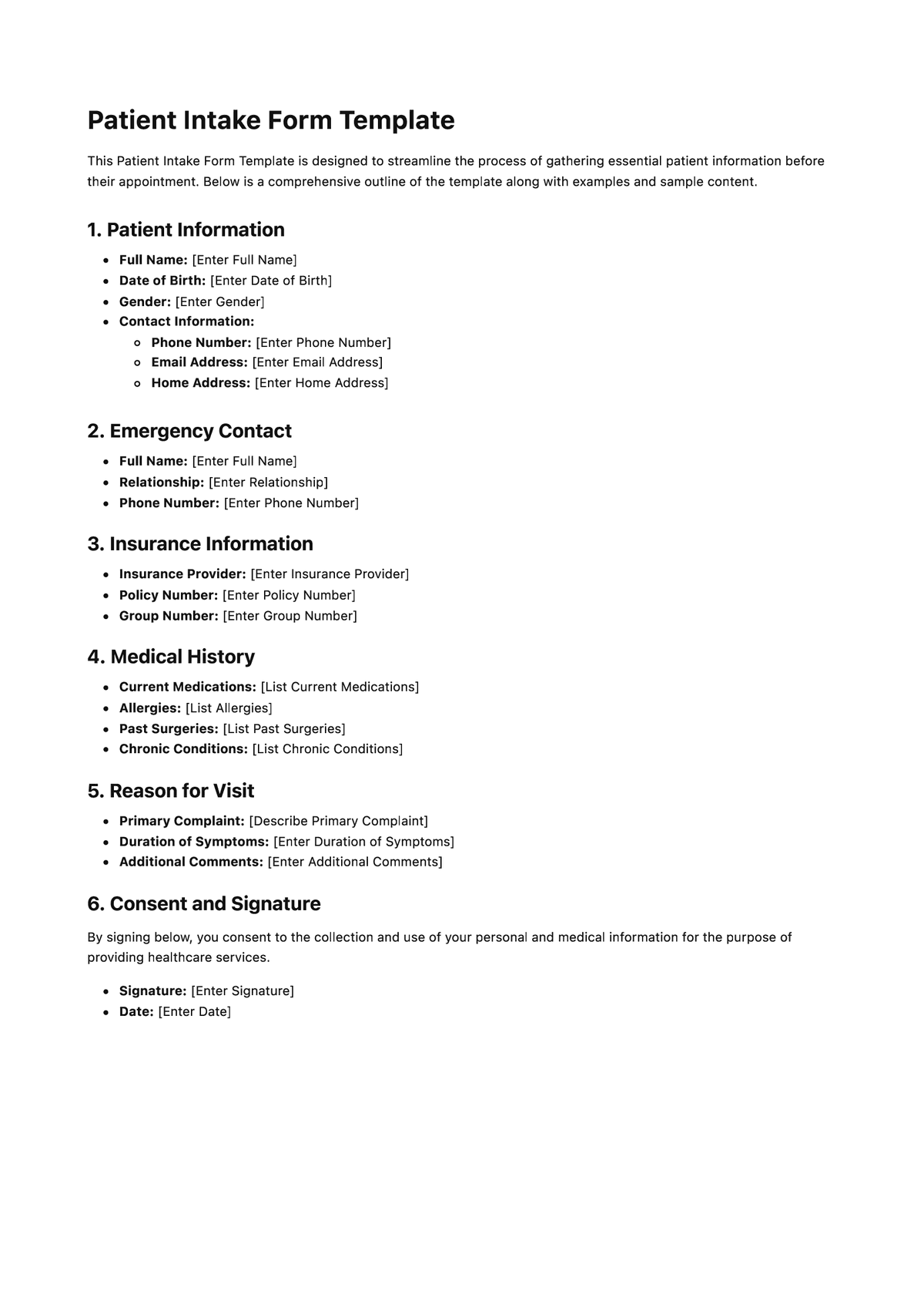 Patient Intake Form Template