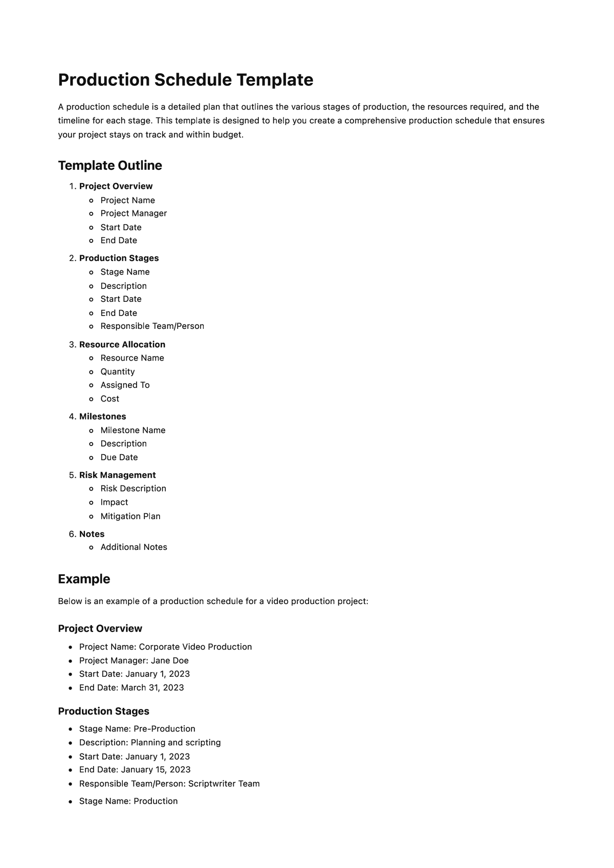 Production Schedule Template