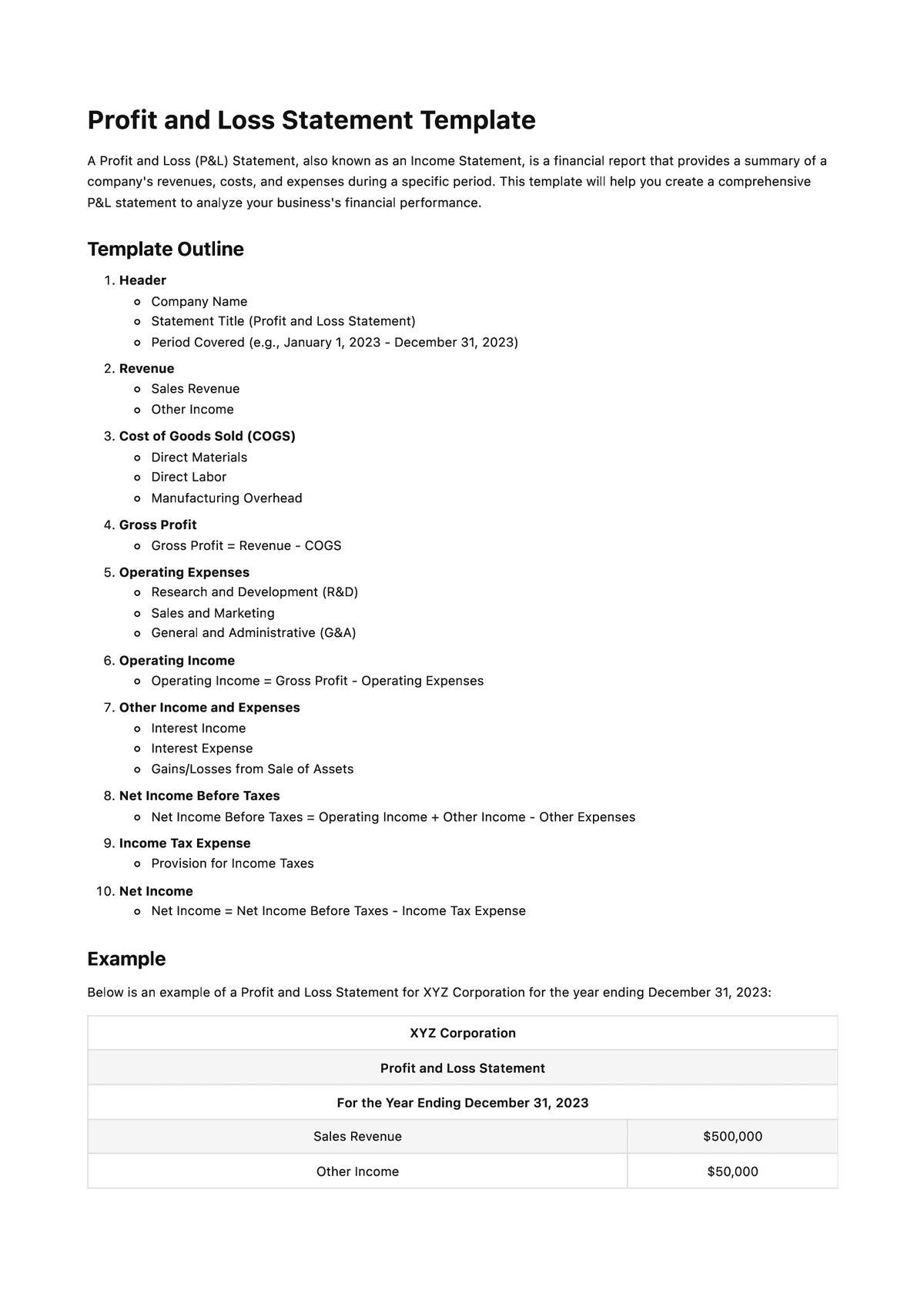 Profit and Loss Statement Template