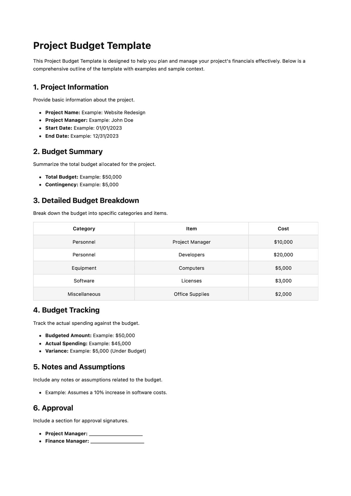 Project Budget Template