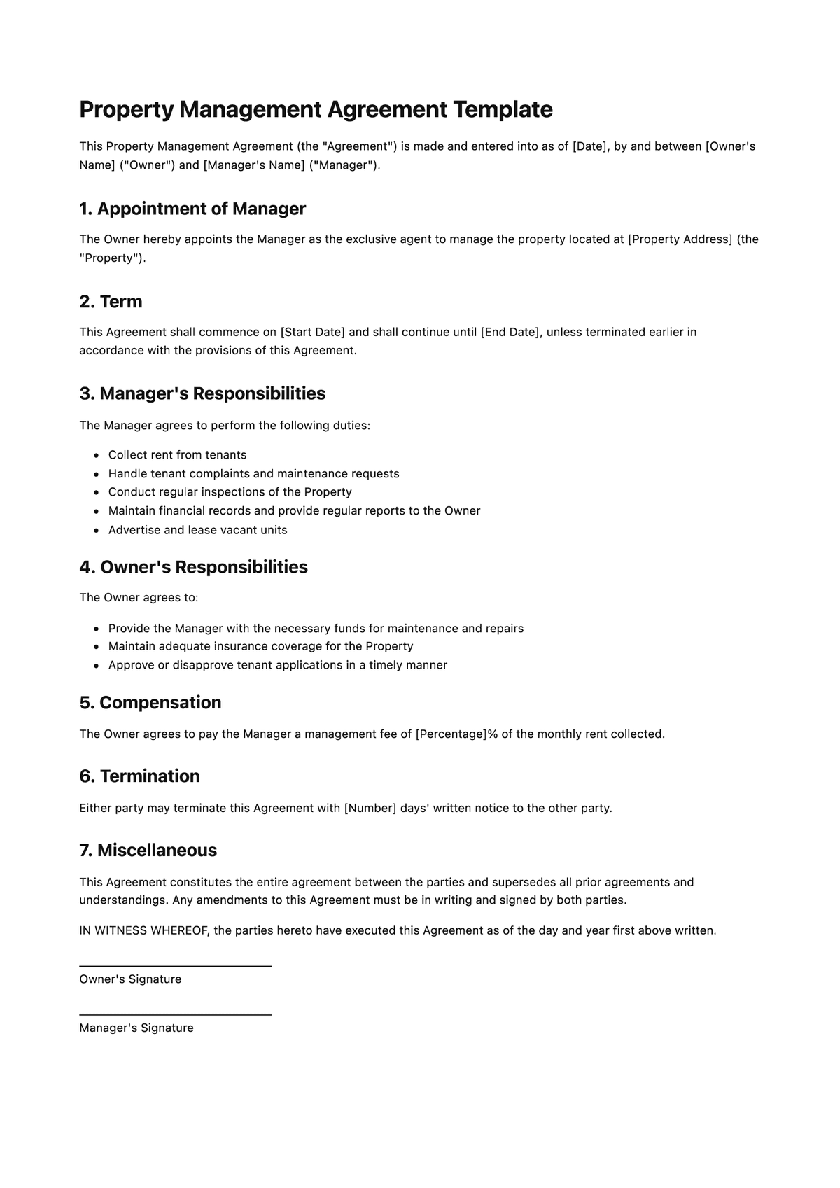 Property Management Agreement Template