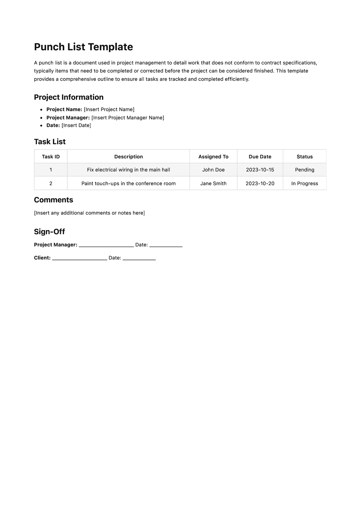 Punch List Template