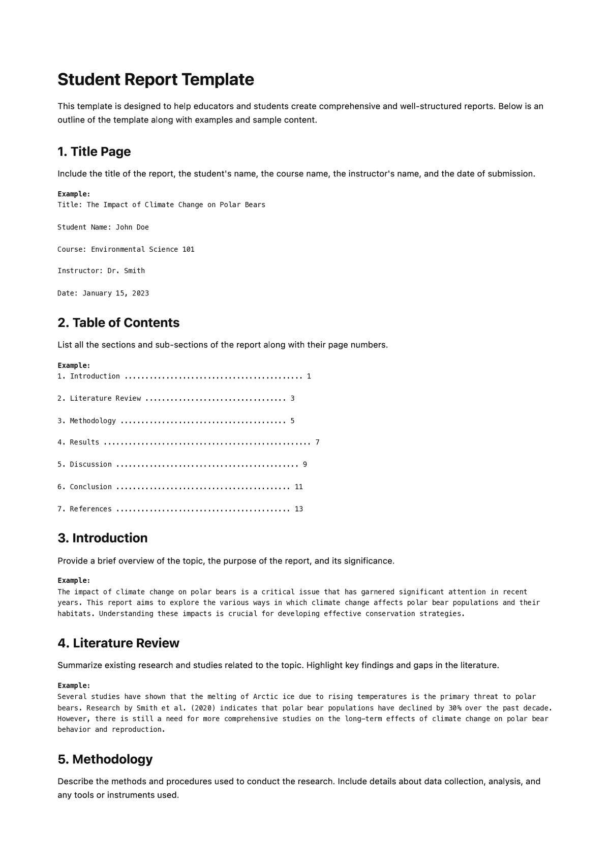 Student Report Template