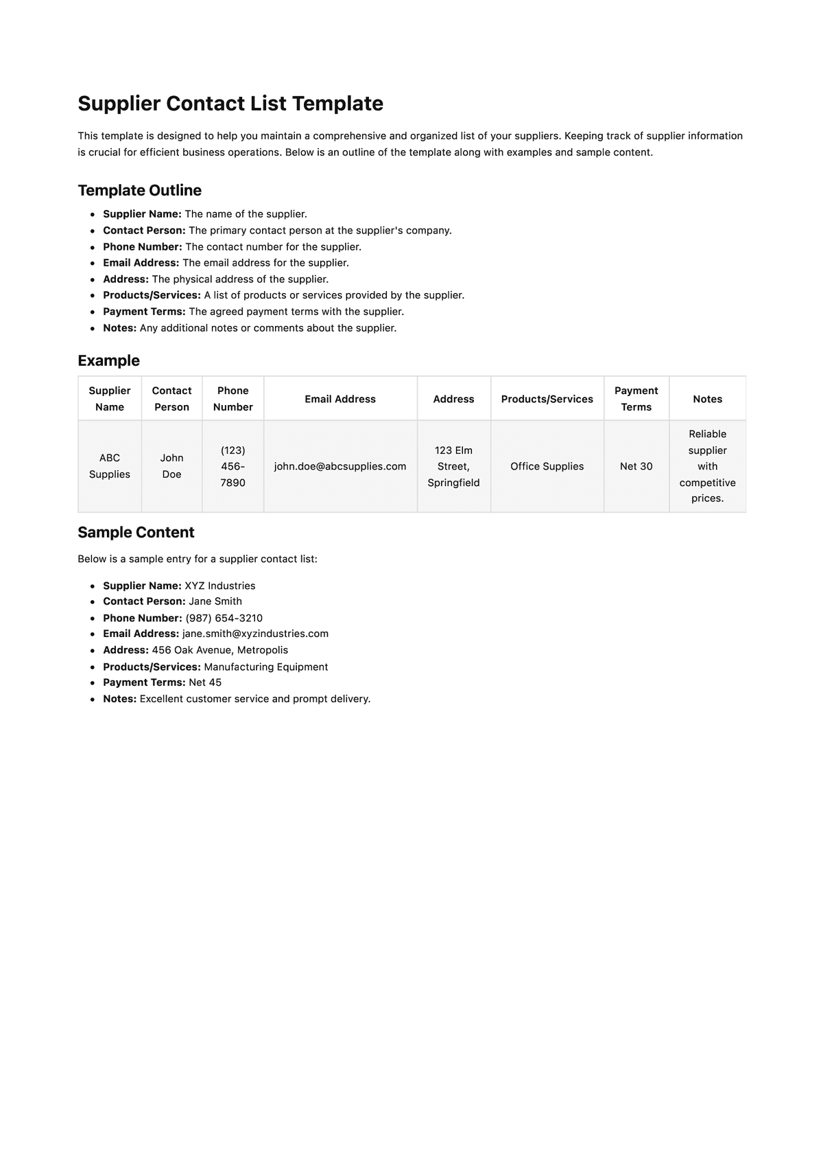 Supplier Contact List