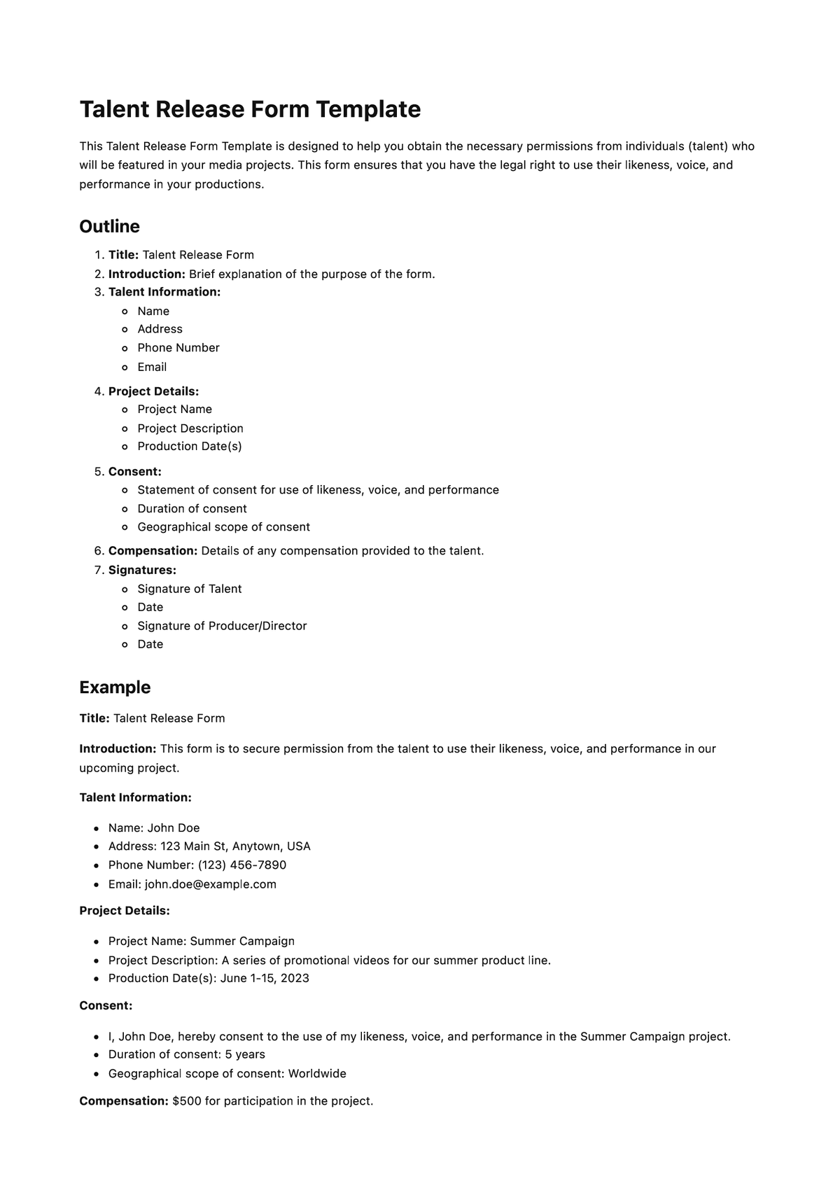 Talent Release Form Template