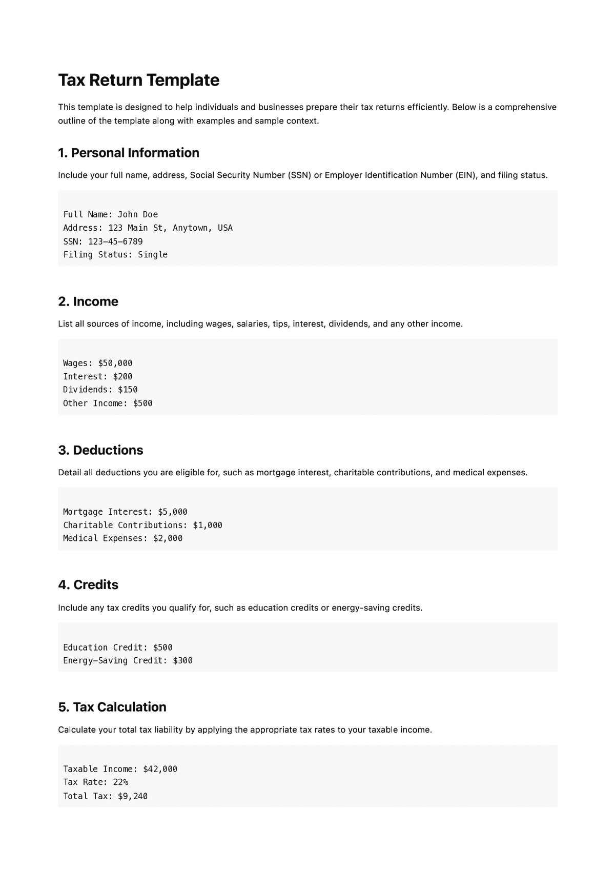 Tax Return Template