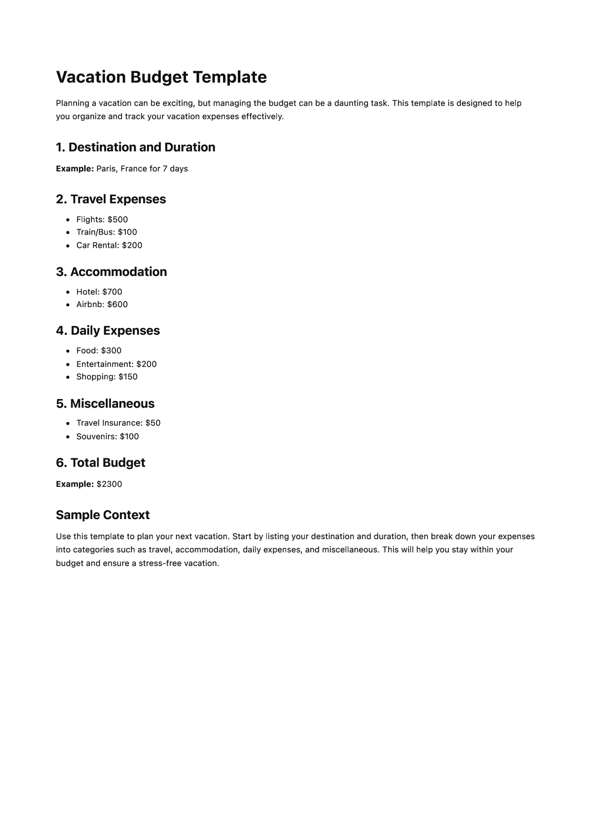 Vacation Budget Template