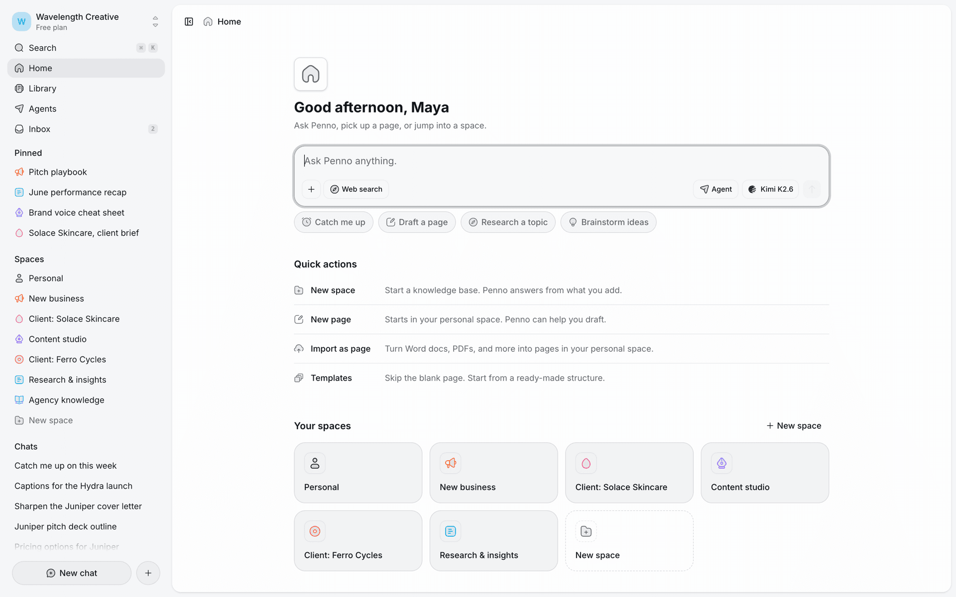 The Penno home: AI chat grounded in your knowledge, quick actions, and your team's spaces