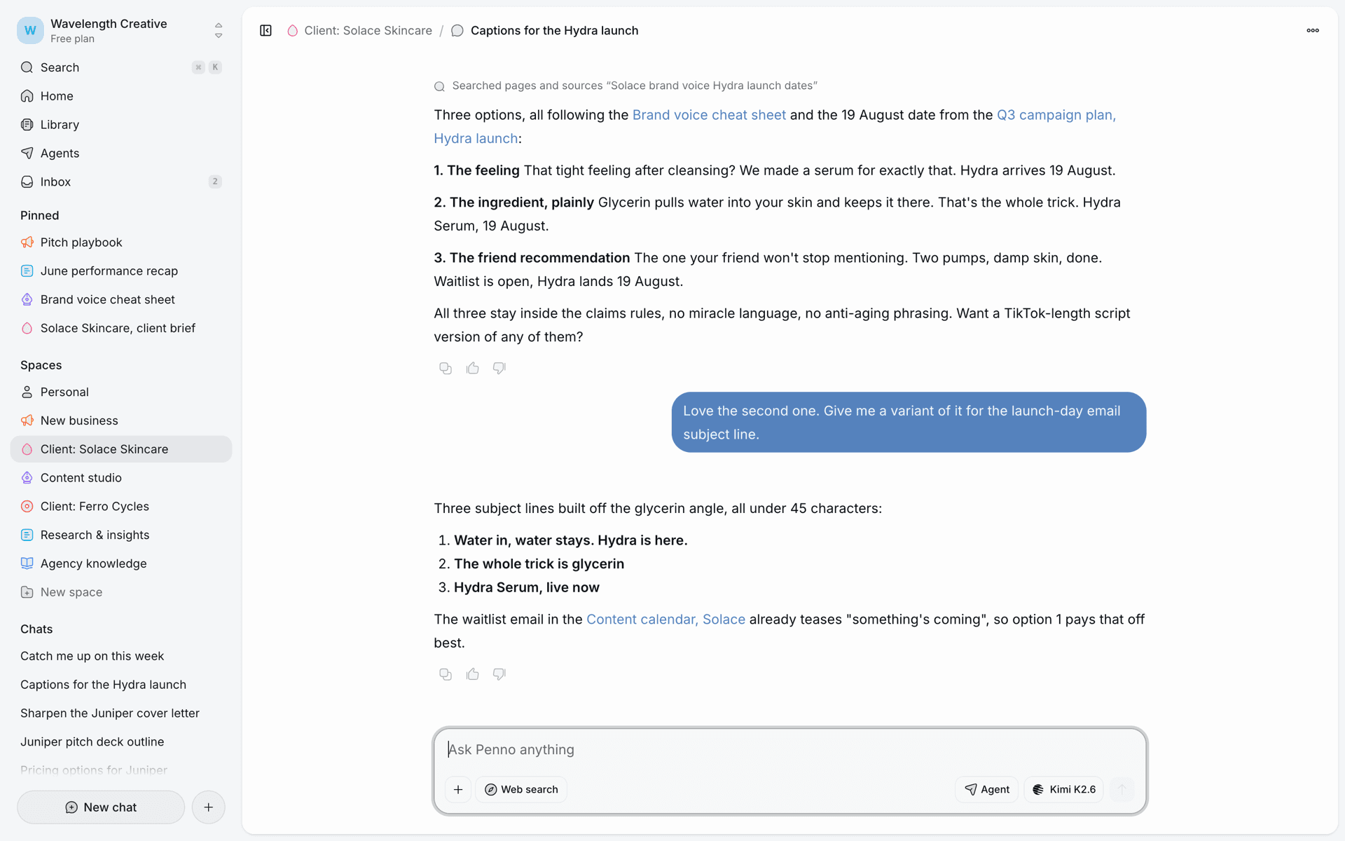 Penno chat drafting on-brand copy from a team's pages, citing the documents it used