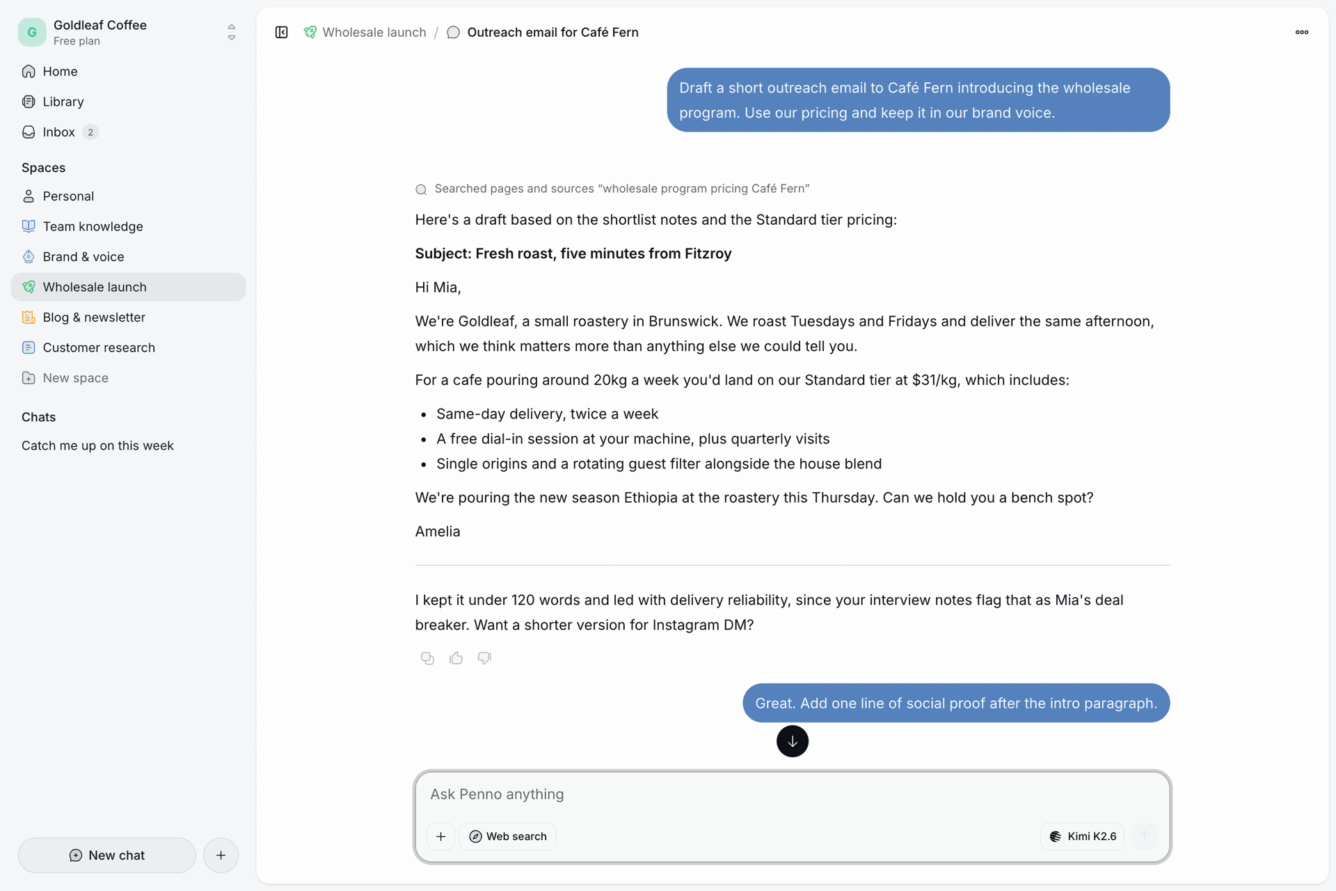 Penno chat searching a team's pages and sources, then drafting a grounded answer