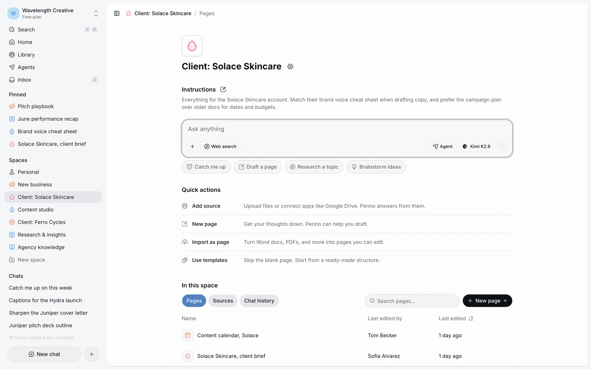 A Penno space with its pages, sources, and chats