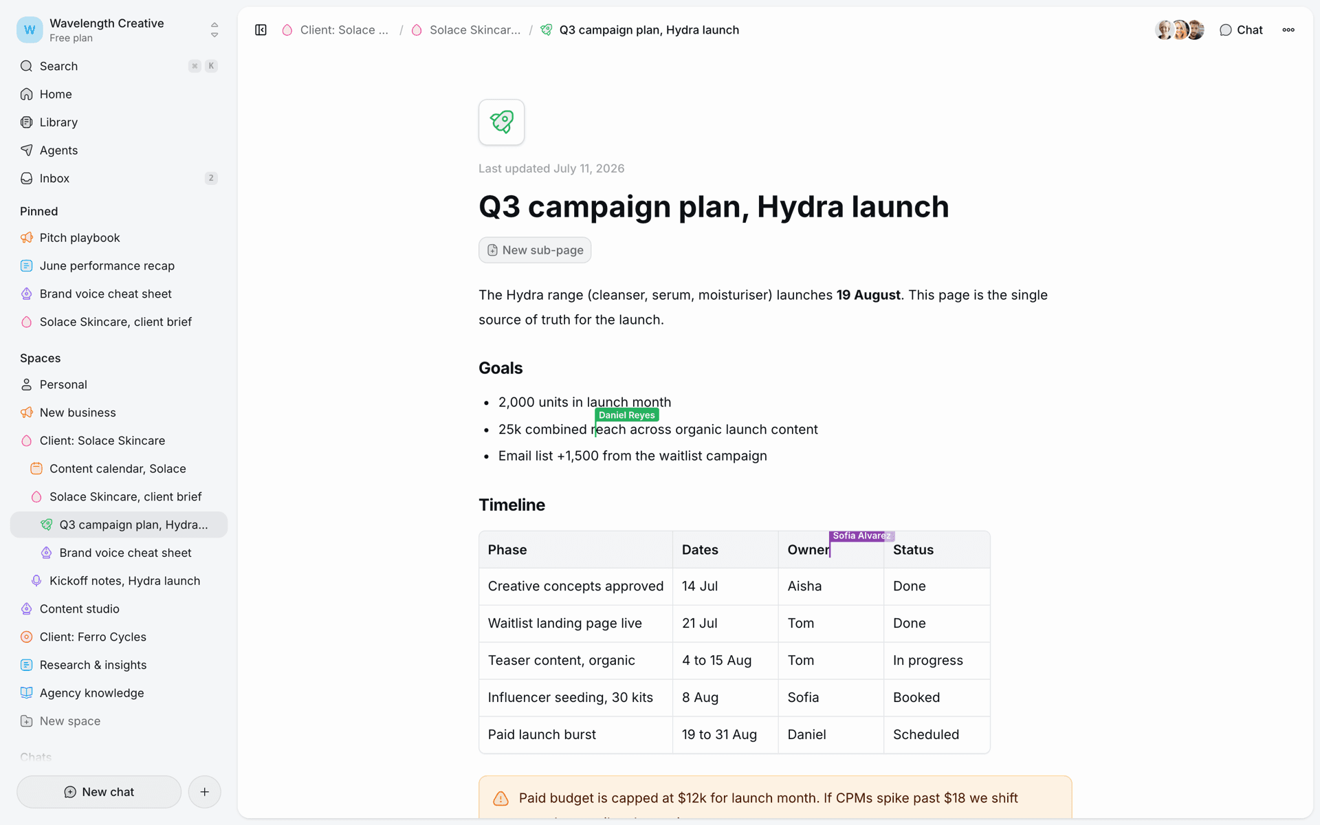A campaign plan in Penno's editor with teammates editing live, sub-pages, and rich content