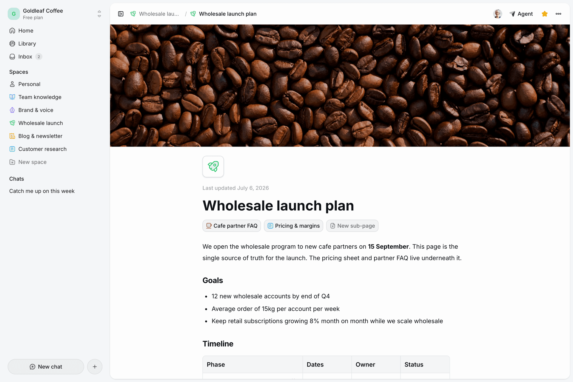 A launch plan in Penno's editor with a cover image, sub-pages, and rich content